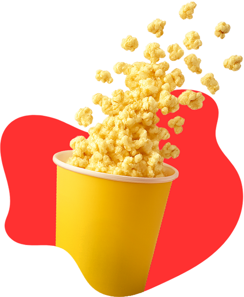 Vaso amarillo lleno de palomitas gourmet Los Pingos explotando sobre fondo rojo